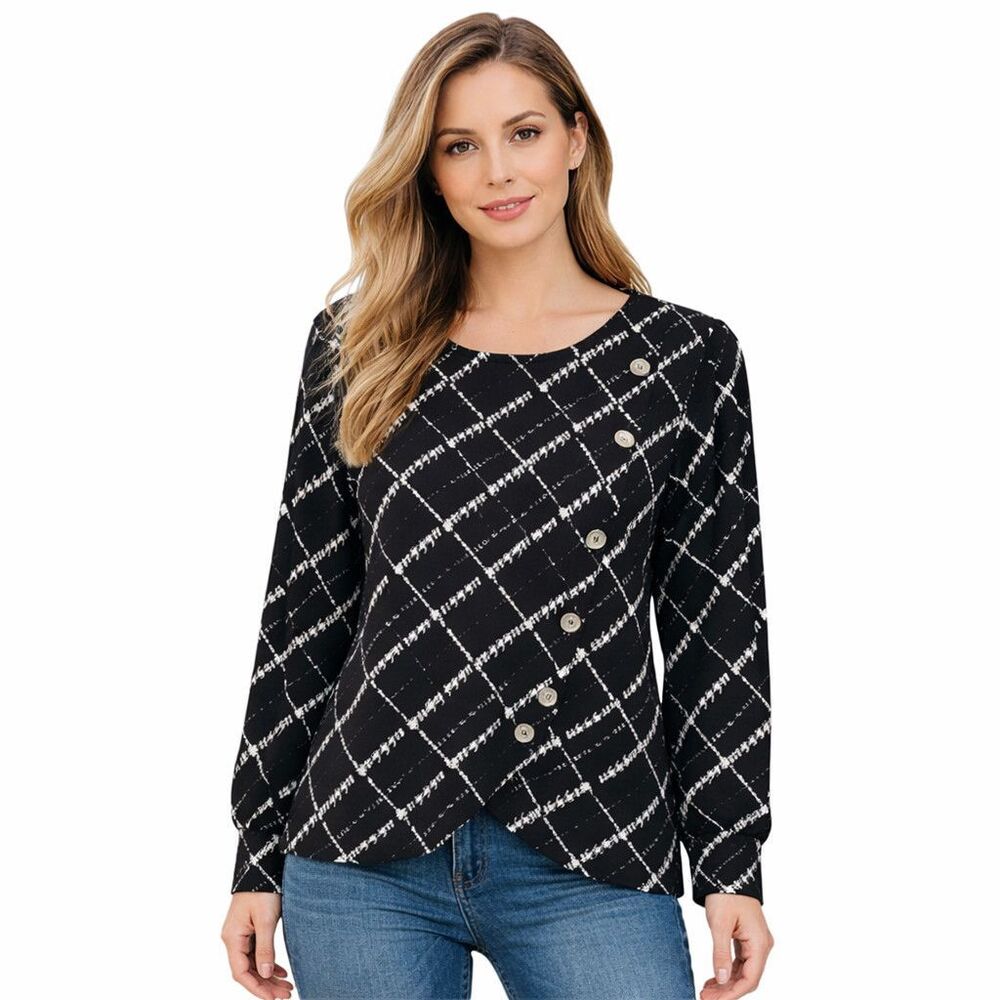 Adrienne Vittadini Blouse Womens Large Black Check Scoop Neck Side Button Top